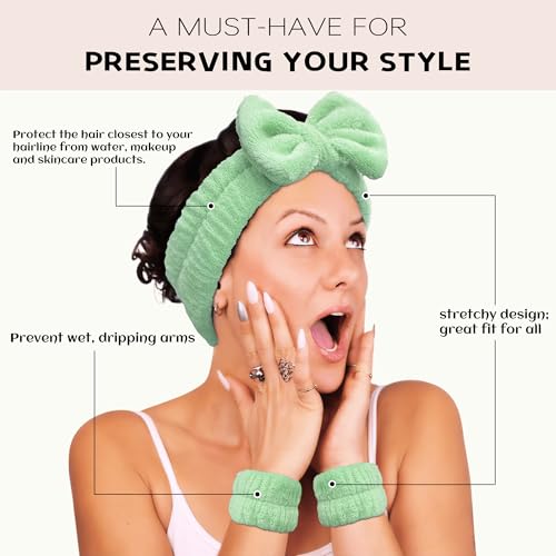 Ayesha Spa Headband and Wristband Set for Washing Face Skincare Makeup - color: Green set