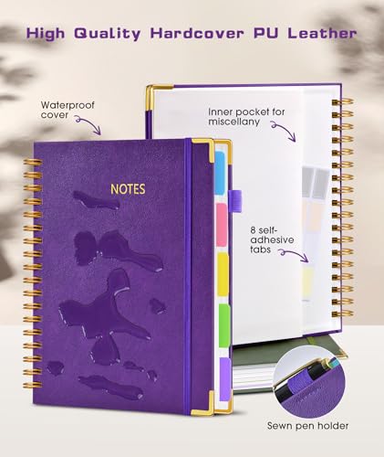 Hardcover Spiral Notebook journal with Removable Dividers Tabs, 300 Pages Leather 5 Subject Notebook College Ruled, 8"x10" Large B7 Notebooks for Work School Note taking, Lined Journal for Women,Navy - color: Dark Purple, size: 8"x10"