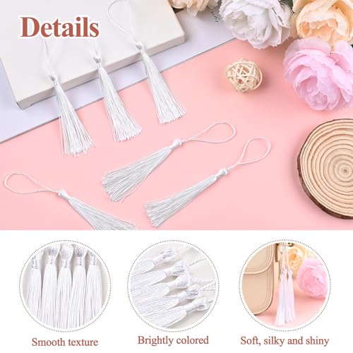 NACHLYNN 120 Pcs Bookmark Tassels Bulk 13cm/5 Inch Silky Handmade Soft Craft Mini Tassels for Jewelry Keychain Making with Loops for Dress Decoration DIY Craft Accessory (White) - color: White