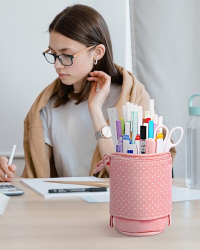Sooez Standing Pencil Case, Cute Stand up Pencil Pouch, Telescopic Pen Bag - color: Pink