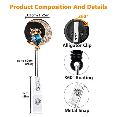 Crystal Badge Reel Retractable ID Holder with Cute Owl Moon Bling Design - color: Owl Moon