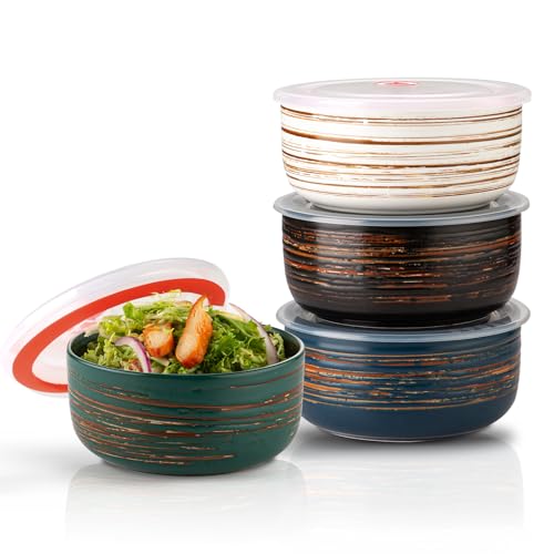 YUN TAO 23 OZ Ceramic Overnight Oats Containers with Airtight Lid, Microwave Safe Yogurt Food Storage Bowl for Oatmeal Soup Salad Ramen Meal Prep, Dishwasher Freezer Safe, Set of 4