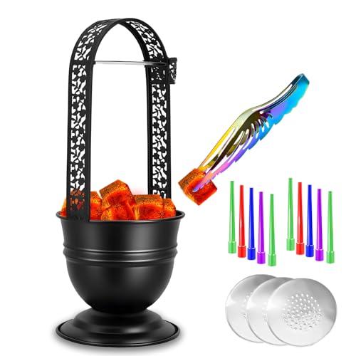 Portable Hookah Charcoal Basket with Coal Tongs,50 pre-Cut foil Sheets, 20 hygienic mouthpieces - Metal Storage Container & Holder for Shisha Accessories (Black Basket 16.1") - size: Black Basket 16.1"