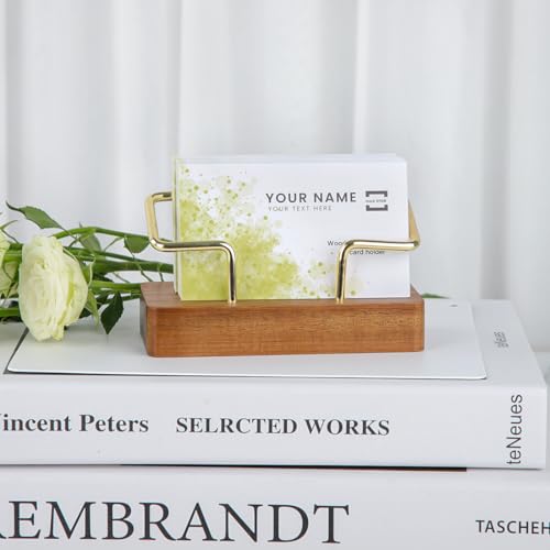 Wooden Business Card Holder, Business Card Holder for Desk with Golden Accents, Display Stand Postcard Holder for Office Home Desktop, Office Desk Accessories for Men and Women
