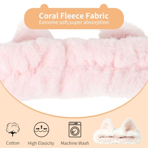 PERFECTSIGHT Kawaii Headband for Spa, Makeup, Washing Face, Party - 2 Pack Cute Hair Band for Shower Beauty Skincare, Soft Facial Headbands for Girls and Women, Cat Ear - color: White+Pink Ear