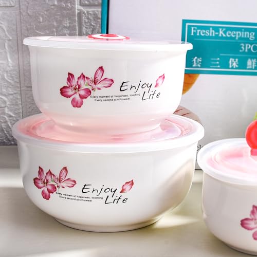 Ceramic Food Storage Bowl with Lids Set of 3, Cherry Blossom Nesting Bowls