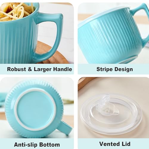 Ceramic Soup Bowl with Handle & Lid, 32oz Microwave Ramen Bowl Set of 2 - color: Blue 2 pcs-32, size: 32 OZ