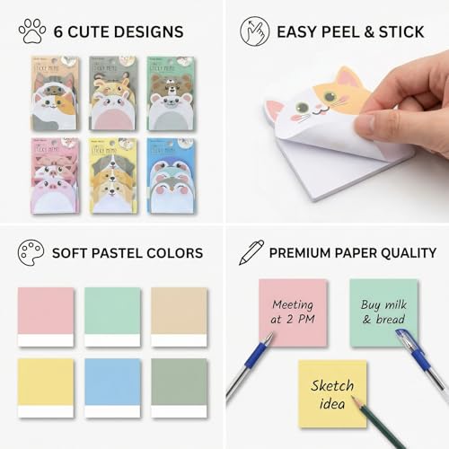 Cute Sticky Notes 6 Pack – 270 Sheets Mini Self Adhesive Memo Pads, Kawaii Cartoon Sticky Notes for Planner, School Supplies, Office Desk, Bookmark Tabs, Bear Cat Rabbit Pig Dog Penguin Shape - color: Animal Assortment