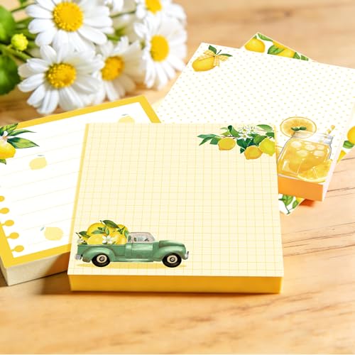 12 Pads Lemon Sticky Notes Set, 3x3 Inch Yellow Green Lemon Pattern Self Adhesive Memo Pads, 240 Sheets Summer Themed Sticky Notes for Writing Reminders, Page Markers, School Classroom Study, Office