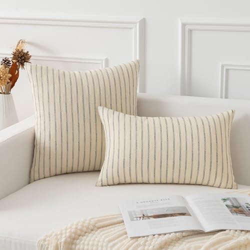 Kevin Textile Pillow Covers, Rectangle Throw Pillow Covers Set of 2, Boho Woven Texture Linen Striped Decorative Burlap Pillow Cases for Couch Bedroom Living Room, 12x20 inch, Cream White - color: A-beige, size: 20" x 12" (Pack of 2)