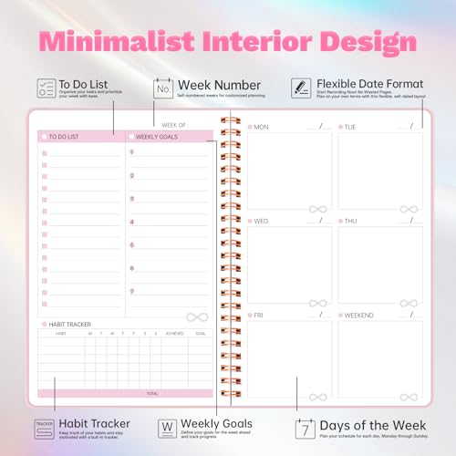 Undated Weekly Planner - Spiral Bound 52 Weeks To Do List Planner Habit Tracker, A5 Simplify Esthetic Work Organizer Notebook, 70 Micron PP Cover, 100 GSM Paper, 5.83" x 8.27" (Pink)
