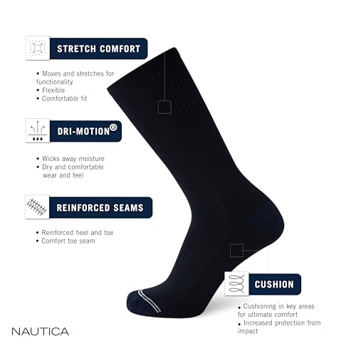 Nautica Mens Crew Socks 5 Pack Moisture Wicking Athletic Work & Dress Socks - color: Black/Gray