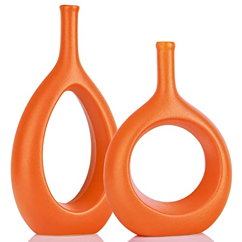 Orange Ceramic Hollow Elliptical Vase Set of 2 - Boho Circle Vase with Hole, for Modern Orange Table Decor, Living Room Decor Shelf mid Century Modern Home Entrance Decorative vase - color: Orange