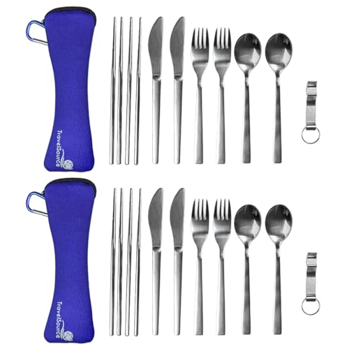 Camping Travel Utensils with Case - 4 Sets DURABLE Fork, Spoon, Knife Silverware - Reusable Portable Hiking Camping Lunch Cutlery & Chopsticks - Family Mess Kit - Stainless Steel