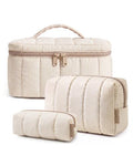 BAGSMART Travel Makeup Bag Set, 3 Pc Puffy Cosmetic Pouch, Khaki Strip - color: Khaki Strip