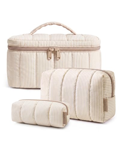 BAGSMART Travel Makeup Bag Set, 3 Pc Puffy Cosmetic Pouch, Khaki Strip - color: Khaki Strip