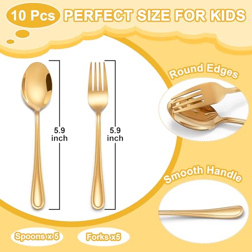 E-far Toddler Utensils, 10 Pcs Gold Stainless Steel Kids Fork and Spoon Set - color: Gold