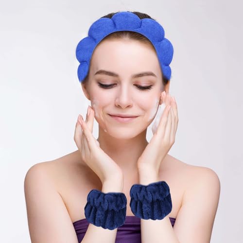 Beleki Spa Headband for Washing Face Wristband Set Sponge Makeup Skincare Face Washing Headband Terry Cloth Bubble Puffy Hairband Non Slip Headwear Hair Accessory for Women - Royal Blue - color: Royal Blue