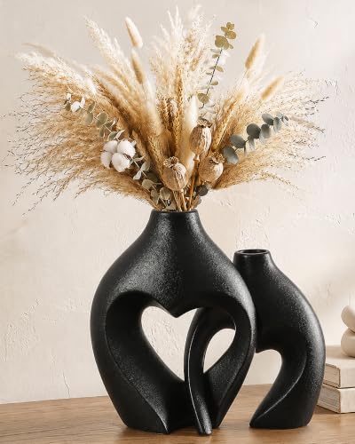 Modern Ceramic Flower Vases Home Decor Heart Shaped Vase Set of 2 Black - color: Black