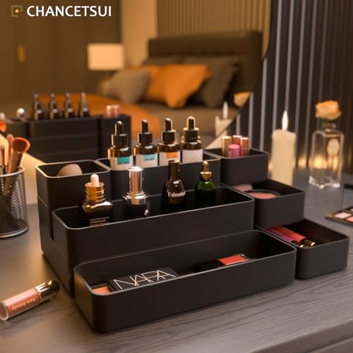 Black Bathroom Drawer Organizer Trays: 9 PC Stackable Desk Organizers Bin - color: Black