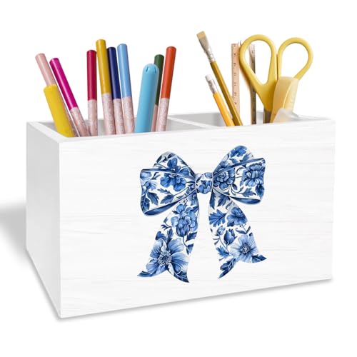 Blue Chinoiserie Floral Bow Pen Holder for Desk, Coquette Preppy Pencil Organizer, Blue and White Bow Aesthetic Wooden Box Sign Desk Decor for Girls Bedroom Home Decoration - color: Floral