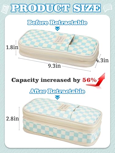 Bigmeta Gingham Expandable Pencil Case for Teens Girls - Light Blue - color: Light Blue