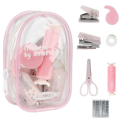 7-Pieces Clear Desk Organizer Set - with Stapler, Hole Punch, Tape Dispenser, Scissors & Highlighters, Transparent Office Supplies Kit for Home Office, School & Workspace - color: Pink