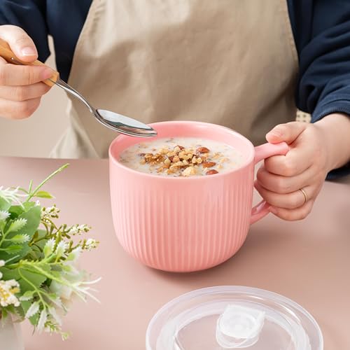 Ceramic Soup Bowl with Handle & Lid, Large 32oz Microwave Ramen Bowl Pink - color: Pink-32, size: 32 OZ
