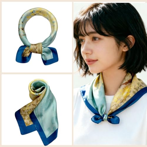 100% Pure Mulberry Silk Scarf women Scraf Small Square 21x21“ Lightweight Neckerchief horse print Dot Digital Red - color: 11#yellow Tree
