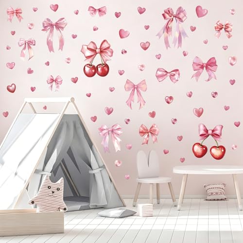 Cherry and Bow Wall Decals - 5 Sheets 68 Pcs Pink Bow Wall Stickers Coquette Bowknot Cherry Peel and Stick Wall Decals Sticker for Coquette Girls Bedroom Home Décor - color: Cherry Bow