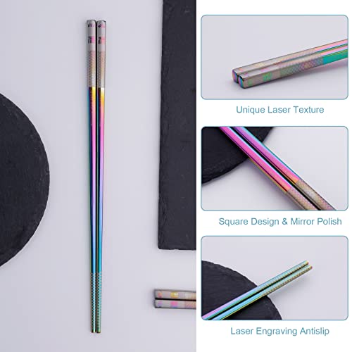 10-Pairs Metal Reusable Ramen Square Chopsticks Non Slip 18 10 Stainless Steel Chopsticks Set Dishwasher Safe for Adults Sushi, Rainbow