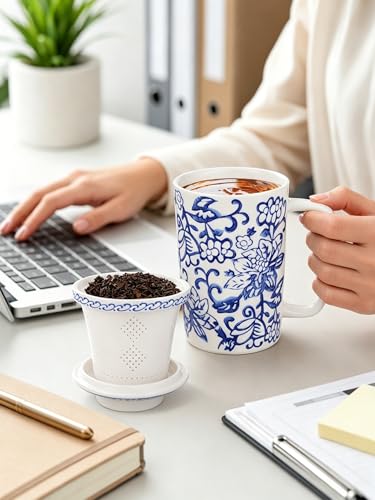 Ceramic Tea Mug with Infuser and Lid,16oz Porcelain Loose Leaf Tea Cup with Large Handle,Metal-Free Filter,Microwave &Dishwasher Safe,Perfect for Tea,Coffee (Classic Blue and White) - color: Classic Blue and White