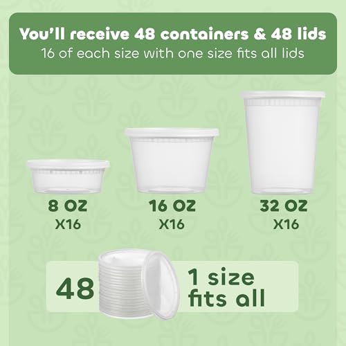 48 Sets Plastic Food Storage Deli Containers w/ Lids 8oz, 16oz & 32oz Quart - size: 48 Sets (3 Sizes: 8, 16 & 32 oz)