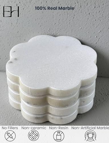 Marble Coasters Set of 4, Handcrafted Drink Protectors, Natural Stone Coaster Bar & Table Decor, Modern Desk Aesthetic Accessories, Non-Slip Luxury Gift (Marble White Round Scalloped)