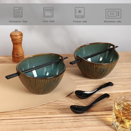 Ceramic Ramen Bowl with Chopsticks and Spoons Set, 6.7 Inch Noodle Bowl Set for Pho Udon Soba, Set of 2 (Ocean Blue) - color: Ocean Blue