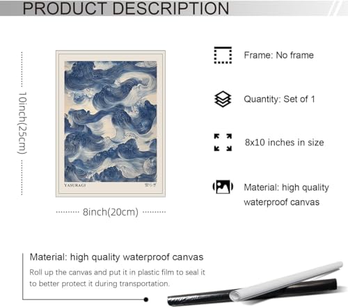 rumlud Japanese Blue Waves Wall Art Vintage Oriental Japandi Wabi Sabi Poster Abstract Giant Waves Canvas Prints for Minimalist Living Room Wall Decor 08x10 inch Unframed - color: Trendy 3-Unframed, size: 10"L x 8"W