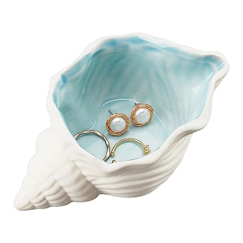 NBEADS Conch Shape Ceramic Jewelry Tray, Aqua Shell Trinket Dish Ceramic Ring Earring Holder Ocean-themed Decorative Trinket Plate for Rings Earrings Necklaces Bracelet Jewelry Watch Keys - color: Blue&White-Conch