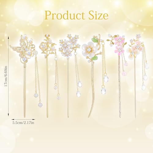 6Pcs Retro Hair Chopsticks for Women, Vintage Hair Sticks Pearl Flower for Buns Long Hairs, Chinese Hairpin for Women Girls Hanfu Asian Vintage Handmade Decor Hairpin