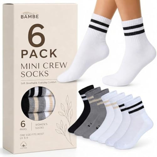 Forever Bambe Mini Crew Socks for Women 4-Pack Cushioned Bottom Retro Striped Socks - Athletic Women's Short Calf Sock - color: 6 Pack White Beige