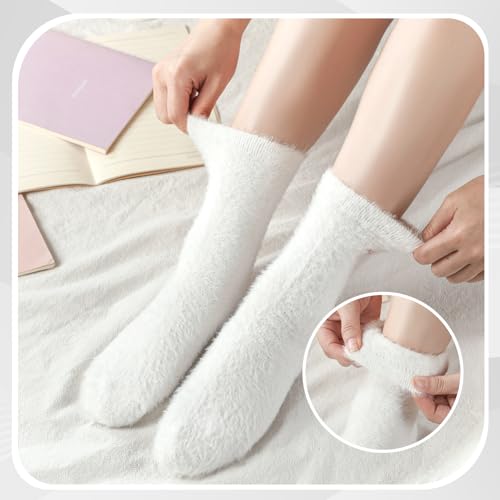 Geyoga 5 Pairs Fuzzy Bow Socks for Women Fluffy Slipper Gift - color: White