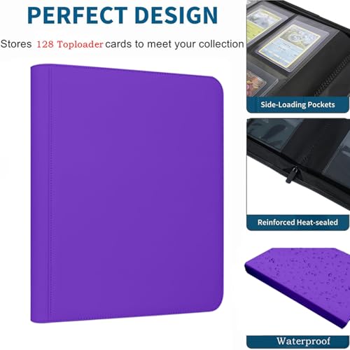 Toploader Binder,4-Pocket Double Sided Top Loaders Binder,Holds 128 Cards in 3"x4" Toploaders,PU Leather Card Binder Abulm for Toploader Trading,Sports,and Gaming Cards (Purple) - color: Purple