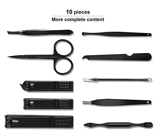 Manicure Set, Travel Mini Nail Clippers Kit Pedicure Care Tools, 10pcs Stainless Steel Grooming kit (Black) - color: Black