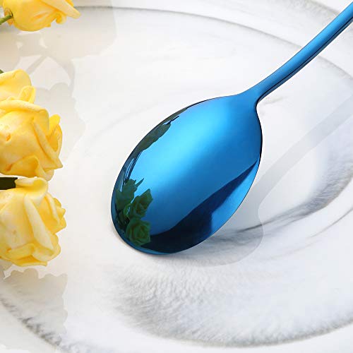 Buyer Star 5-pieces Blue Dinner Table Spoons 8-Inch Stainless Steel Metal Korean Soup Spoons - color: Blue