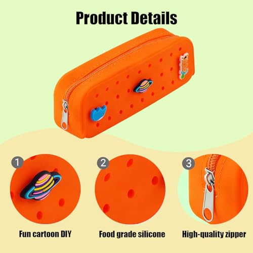 1 Pack Cute Silicone Pencil Case Pencil Pouch with DIY Holes and 3 Decoratives(Random) Travel Makeup Brush Bag suitable for travel home7.81inch (Orange) - color: Orange