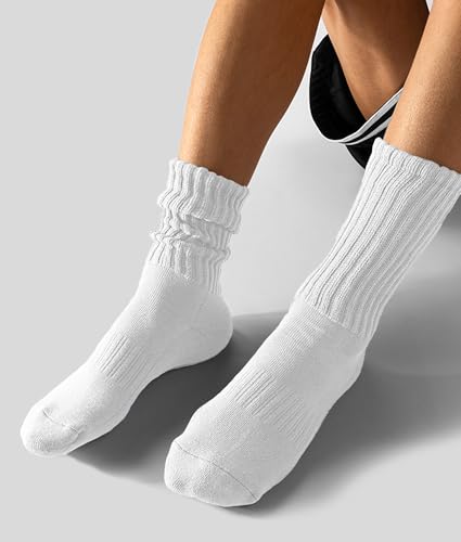 AugRing Women's Scrunch Crew Socks Retro 3-Pack Solid Cotton Boot Calf Chunky Ribbed Cozy Slouchy Socks Size 5-11 - color: White/White/Black