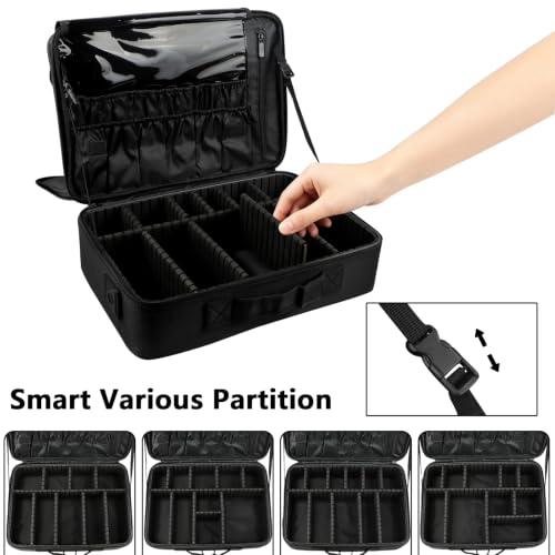 gzcz Large Capacity Travel Makeup Train Case,Professional Cosmetic Bags for Women,Portable Makeup Brush Bag Organizer Storage with Adjustable Dividers and Shoulder Strap - color: Black, size: Large