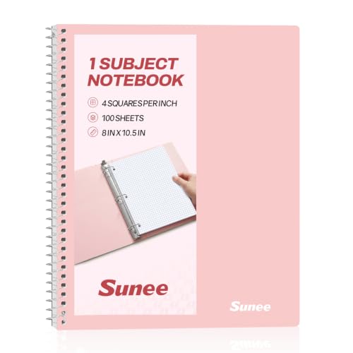 SUNEE Spiral Notebook, 1-Subject, Graph Ruled Paper, 8" x 10-1/2", 100 Sheets per Notebook, 3-Hole Punched Paper, Water Resistant Cover, Spiral Grid Notebooks for Work, Home, School, Writing, Pink - color: Pink