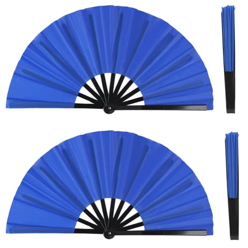 2 Pack Large Folding Hand Fan for Men/Women, Rave Fan Chinese Kung Fu Tai Chi Hand Fan Black Vintage Foldable Hand Fans for Dancing, Festival, Gift, Home Decorations(Blue) - color: Blue