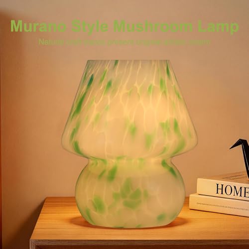 Mushroom Lamp with LED Bulb, Small Glass Bedside Lamp, Green&White - color: Green&White