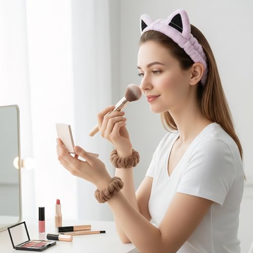 Spa Headband and Wristband Set, Skincare Makeup Headbands for Women Girl - color: Pink Purple + Khaki